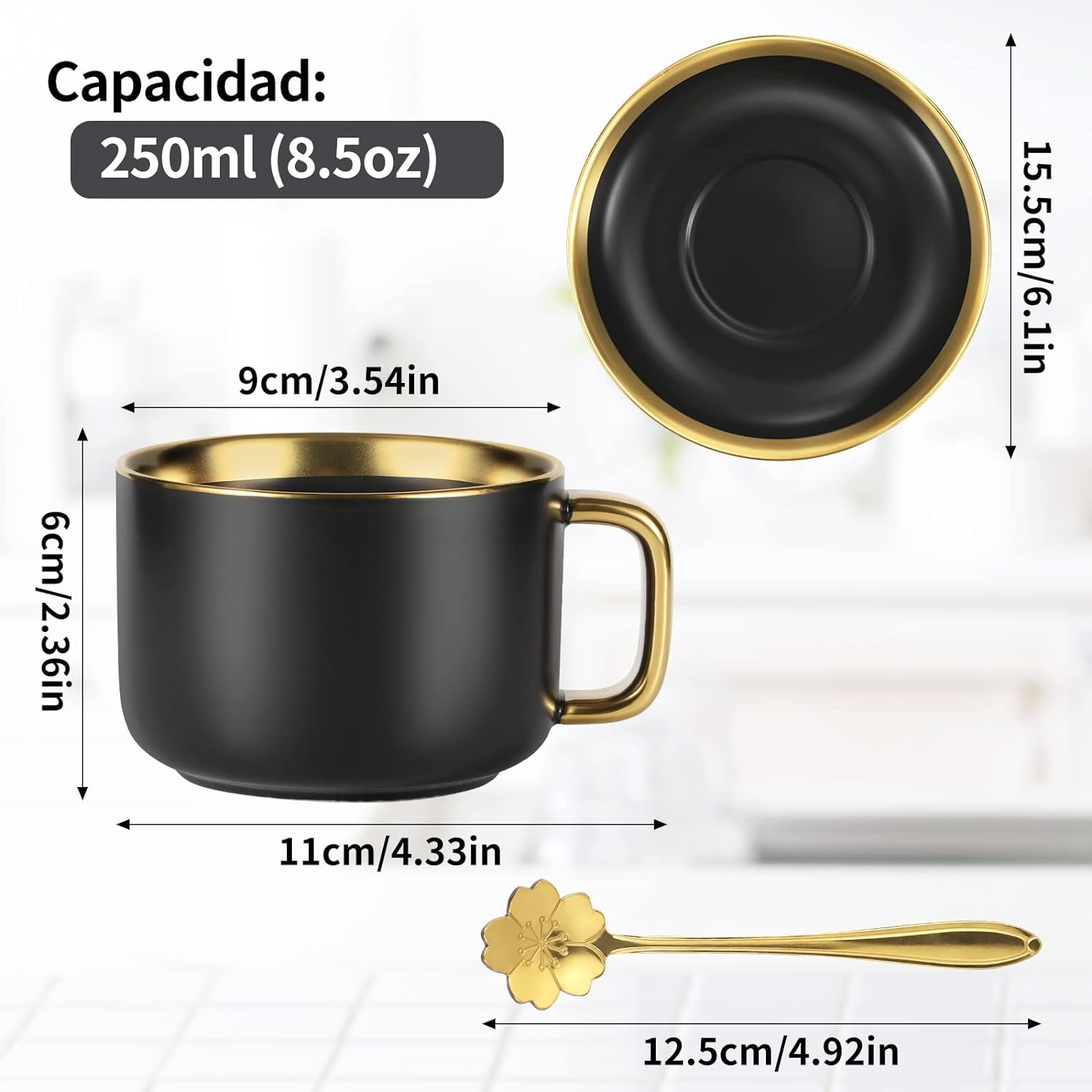 European Style Luxury Gold Rim Tea Cup and Saucer Set,8.5 Oz Ceramic Tea Cup Coffee Cup Set(Black 4 Pack) & Saucers Cup & Saucer Sets Cups Dining & Entertaining Glassware & Drinkware Home & Kitchen Kitchen & Dining Mugs