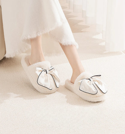 Plush Satin Bow Faux Fur House Slippers