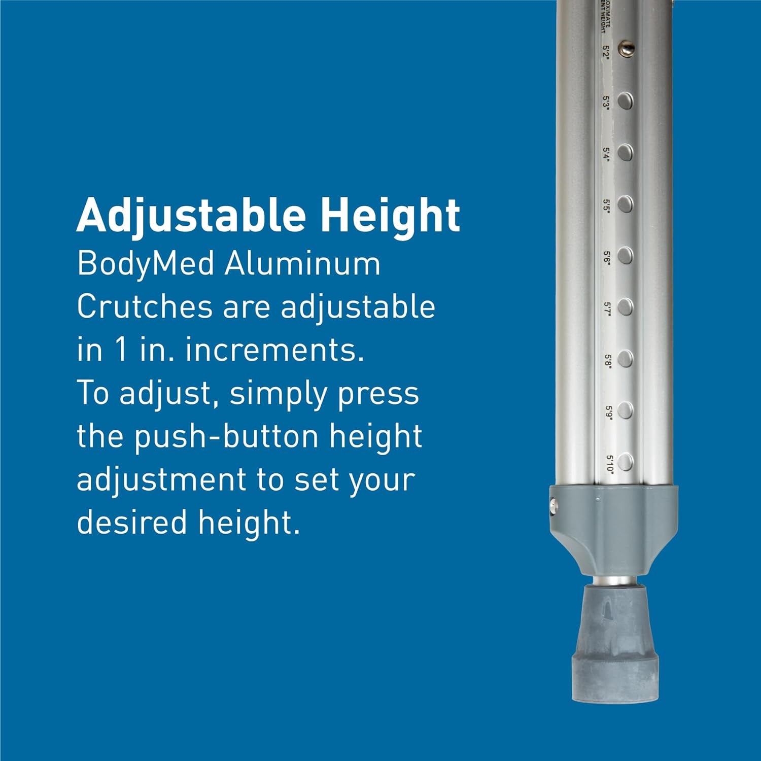 Bodymed Aluminum Crutches, Adult, Medium, 5' 2"–5' 10" – Pair of Lightweight, Height Adjustable Crutches – Includes Padded Underarm Cushions, Hand Grips, & Rubber Tips – Max. Weight Capacity 300 Lb. Canes Crutches Crutches & Accessories Health & Household Medical Supplies & Equipment Mobility & Daily Living Aids Mobility Aids & Equipment