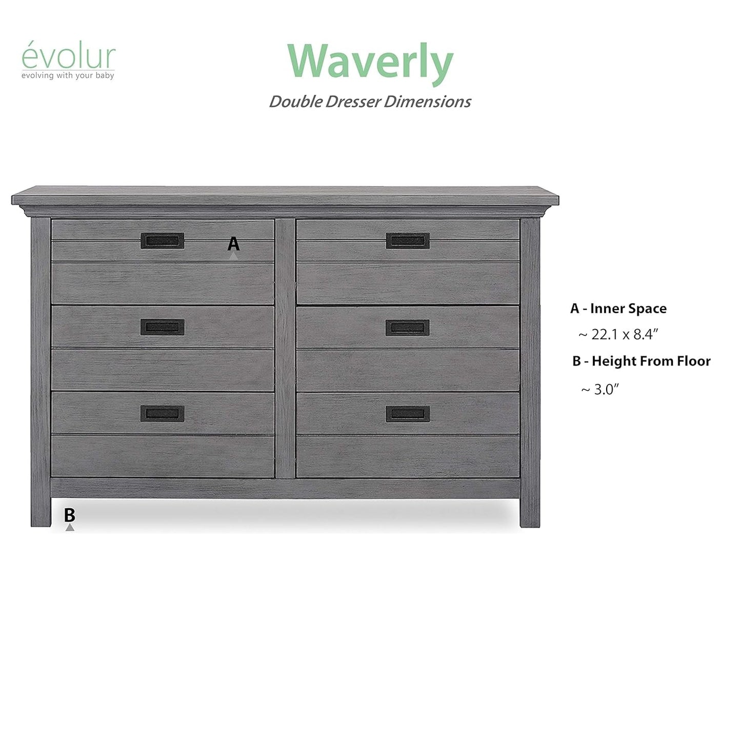 Evolur Waverly Double Dresser, Rustic Grey , 54X20.25X33 Inch (Pack of 1) Baby Products Changing & Dressing Chests & Dressers Furniture Nursery