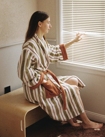 Plush Sage Striped Long-Staple Cotton Robe