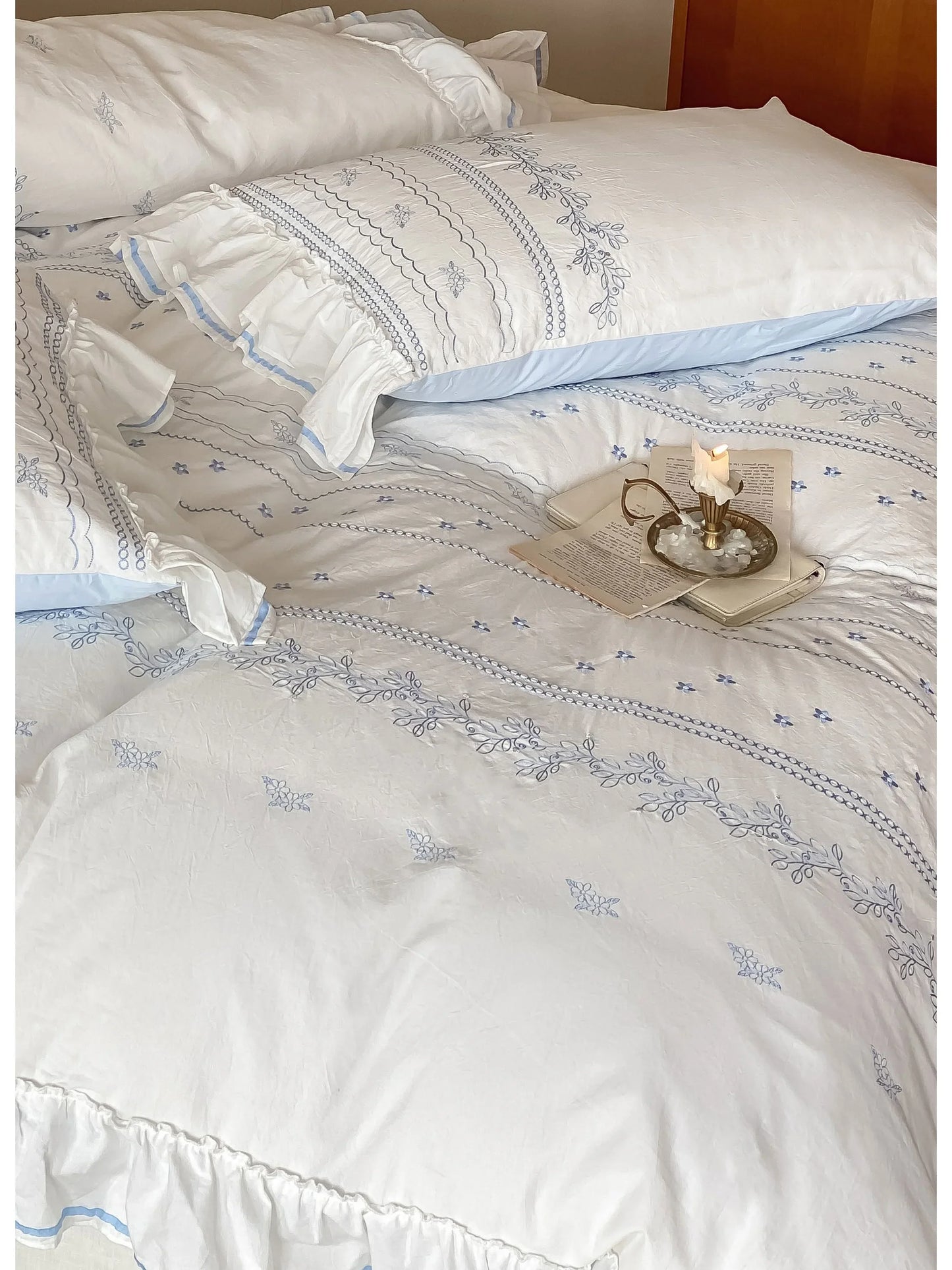 Ruffled Floral Vine Embroidered Cotton Bedding Set