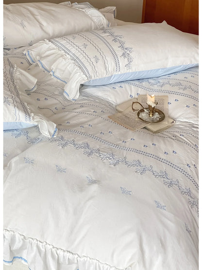 Ruffled Floral Vine Embroidered Cotton Bedding Set