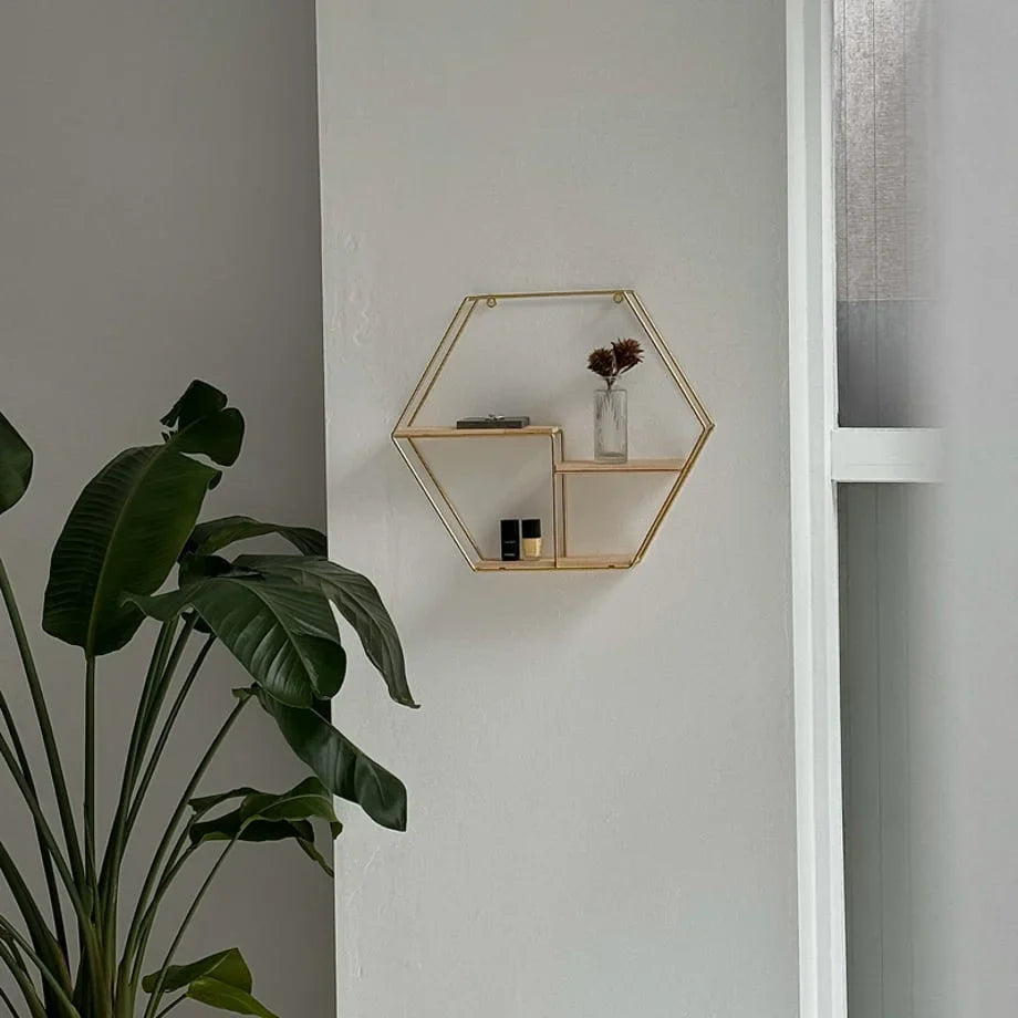 Geometric Hexagon Metal & Wood Wall Shelf