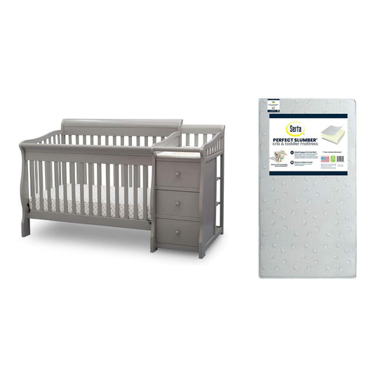 Princeton Junction Convertible Crib N Changer, Grey + Serta Perfect Slumber Dual Sided Recycled Fiber Core Crib and Toddler Mattress (Bundle) Baby Products Convertible Cribs Furniture Infant & Toddler Beds Nursery