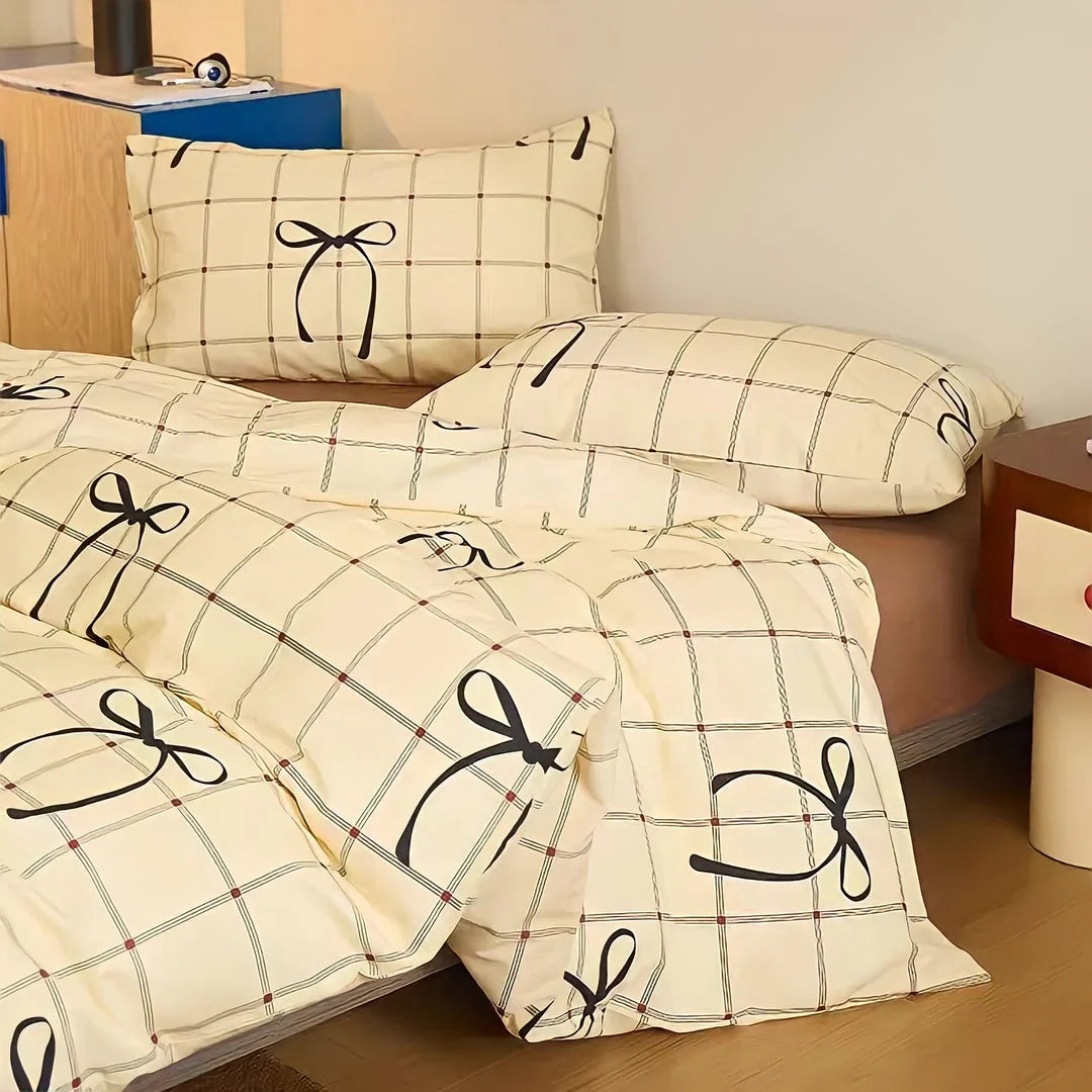 Soft Bow & Plaid Cotton Bedding Set