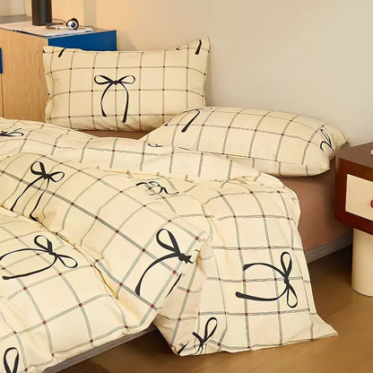 Soft Bow & Plaid Cotton Bedding Set