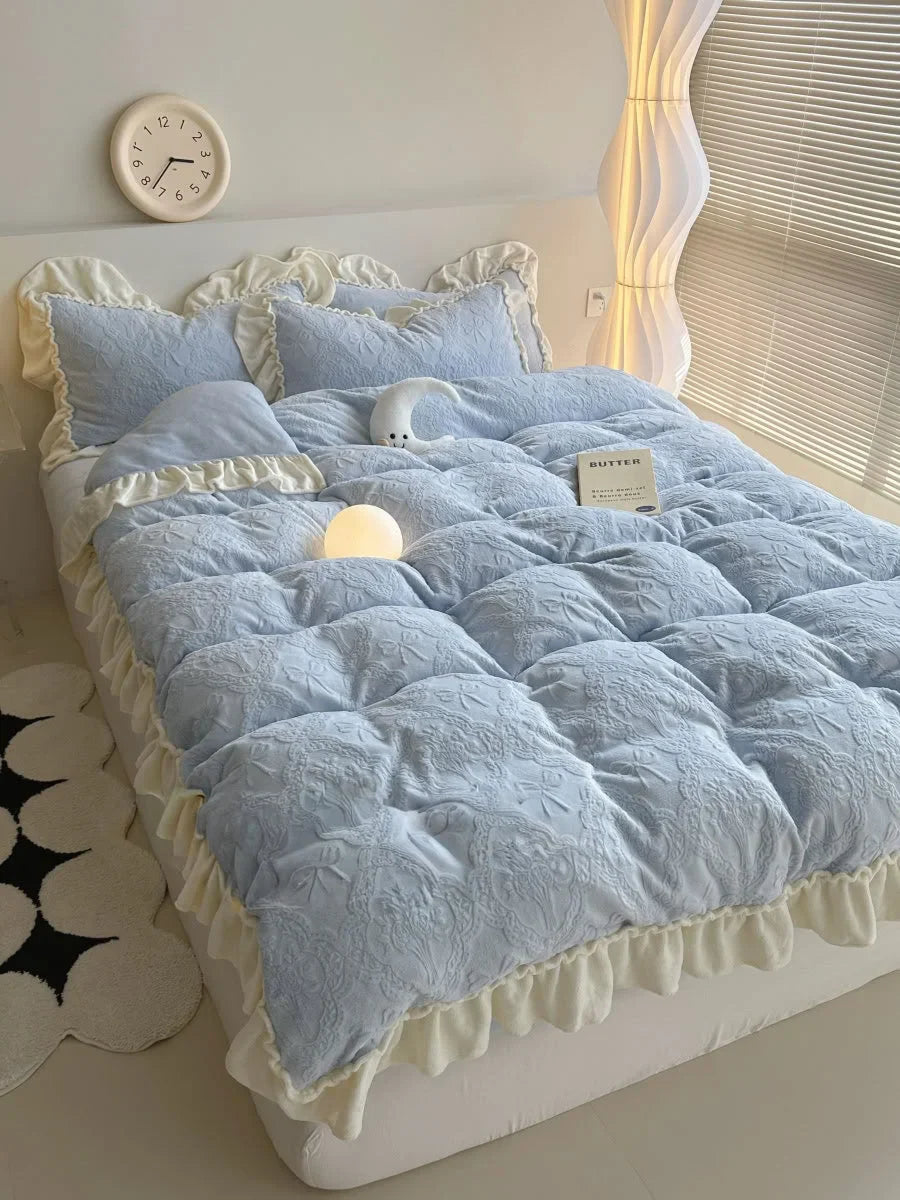 Plush Ruffled Embossed Bow Flannel Fleece Bedding Set