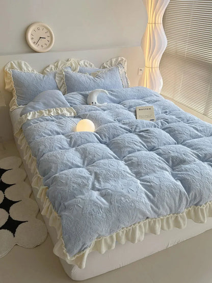 Plush Ruffled Embossed Bow Flannel Fleece Bedding Set