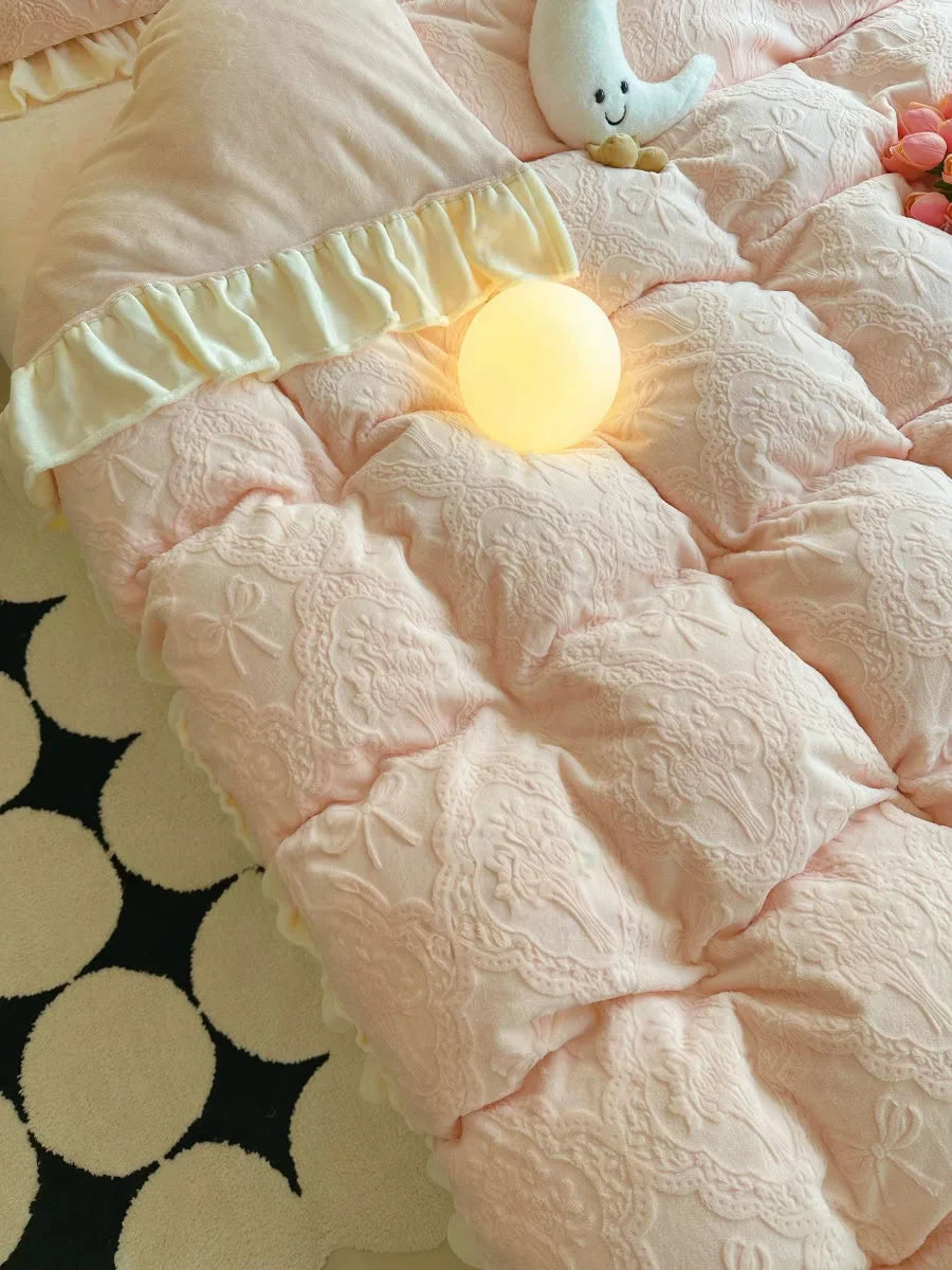 Plush Ruffled Embossed Bow Flannel Fleece Bedding Set