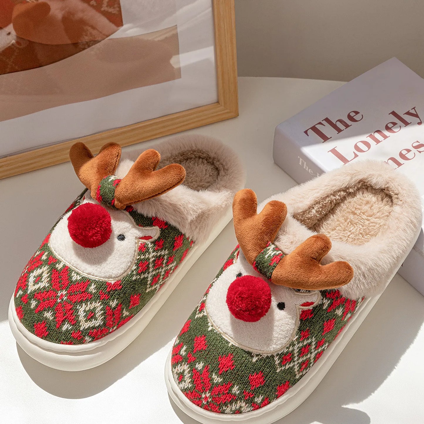 Fuzzy Reindeer Jacquard Knit House Slippers