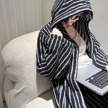 Plush Striped Fleece Hooded Pajama Set