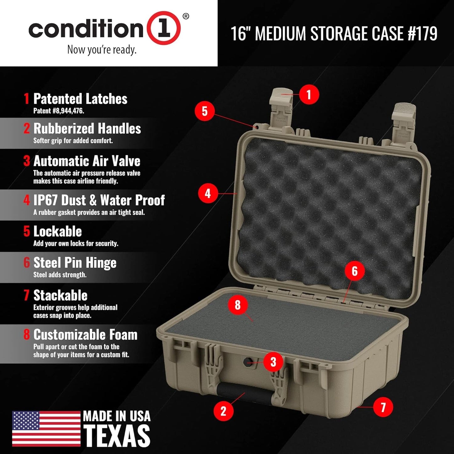 Condition 1 16" Medium Waterproof Protective Hard Case with Foam, 16" X 13" X 7" #179, Watertight IP67 Dust Proof and Shock Proof TSA Approved Portable Carrier Diving & Snorkeling Dry Boxes Sports Sports & Outdoors Water Sports