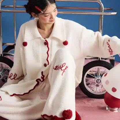Plush Embroidered Pom-Pom Fleece Pajama Set