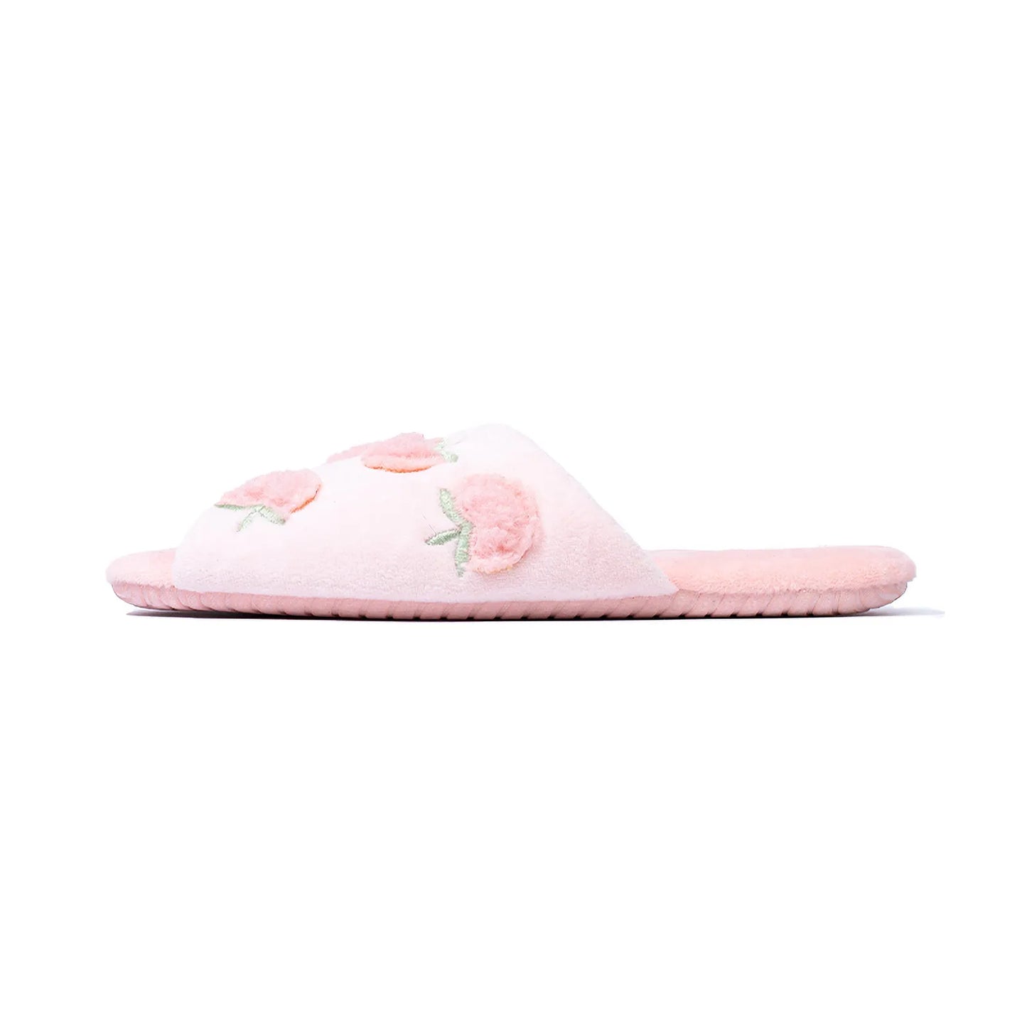 Fuzzy Peach Embroidered Plush Fleece Slides
