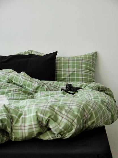 Soft Matcha Green Plaid Cotton Bedding Set