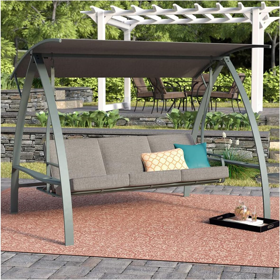 3 Person Patio Swinging Bench Chair 3-Seat Daybed Porch Swing Seater Outdoor Porch Swing with Adjustable Canopy & Weather Resistant Steel Frame & Cushions Grey Lawn & Garden Patio Patio Furniture & Accessories Patio Seating Porch Swings