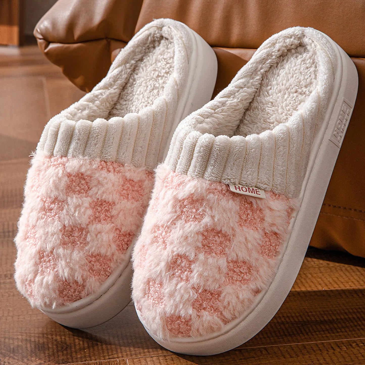 Fuzzy Checkered Plush Fleece House Slippers