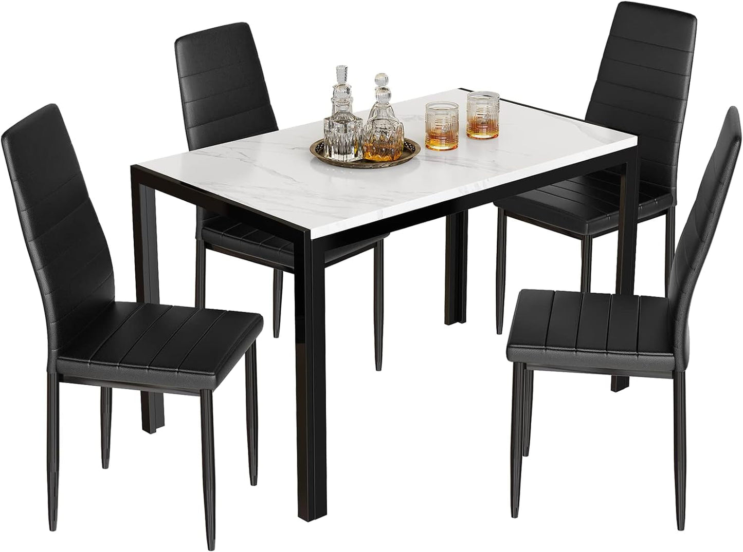 AWQM Marble Dining Table Set for 4, Rectangular Faux Marble Table and 4 PU Leather Chairs, 5 Pieces Kitchen Table Set,Ideal for Living Room, Dining Room,Breakfast Nook, White&Black Dining Room Furniture Furniture Home & Kitchen Table & Chair Sets