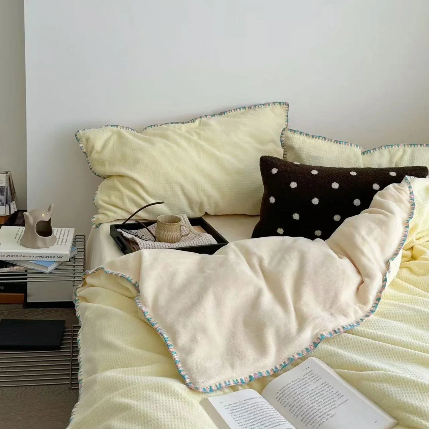 Plush Waffle Fleece Bedding Set with Crochet Trim