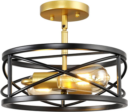 Semi Flush Mount Ceiling Light Fixtures, 2-Light Modern Kitchen Ceiling Light Farmhouse Industrial Sloped Ceiling Lighting with for Metal Drum Cage Hallway Bedroom Stair, Black and Gold Ceiling Lights Close To Ceiling Lights Lighting & Ceiling Fans Tools & Home Improvement