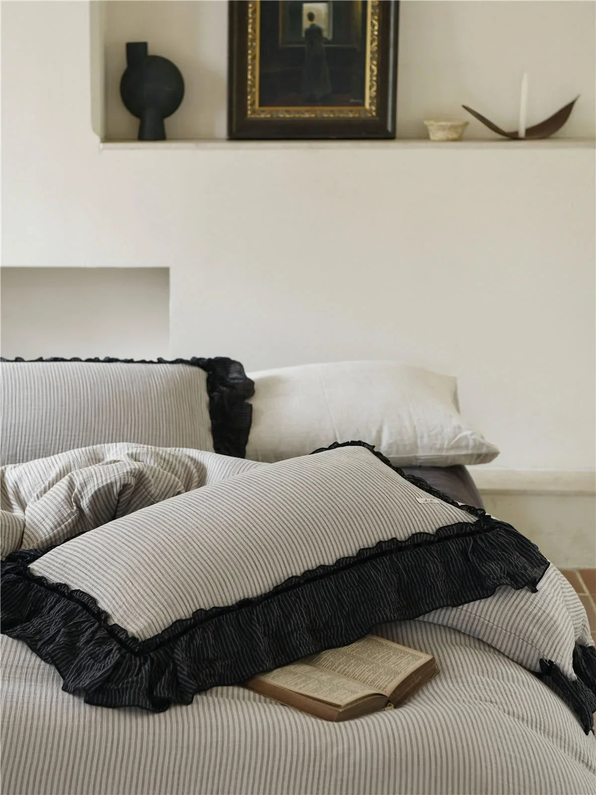Ruffle Trim Pinstripe Washed Cotton Bedding Set