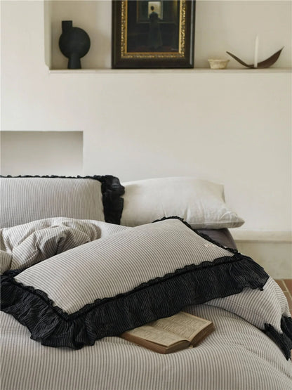 Ruffle Trim Pinstripe Washed Cotton Bedding Set