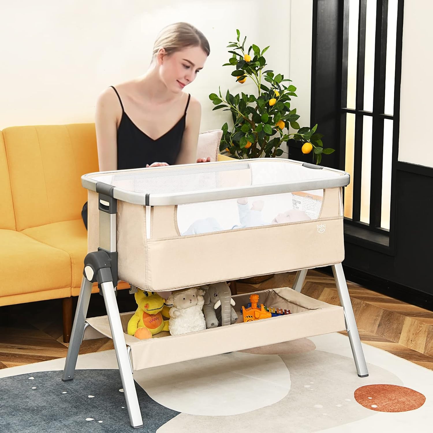 BABY JOY Baby Bassinet, Portable Bassinet Bedside Sleeper W/Mattress, Carrying Bag, Storage, Mesh, Built-In Wheel, Adjustable Height/Angle, Folding Crib for Newborn Infant, Bedside Bassinet, Beige Baby Products Bassinets Bedside Cribs Furniture Infant & Toddler Beds Nursery