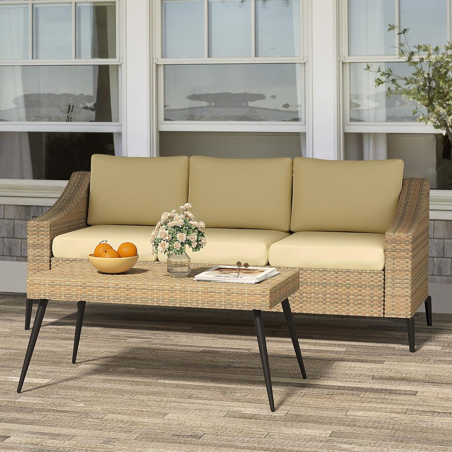 3 Seater Wicker Outdoor Sofa with Thick Cushions & Rattan Table