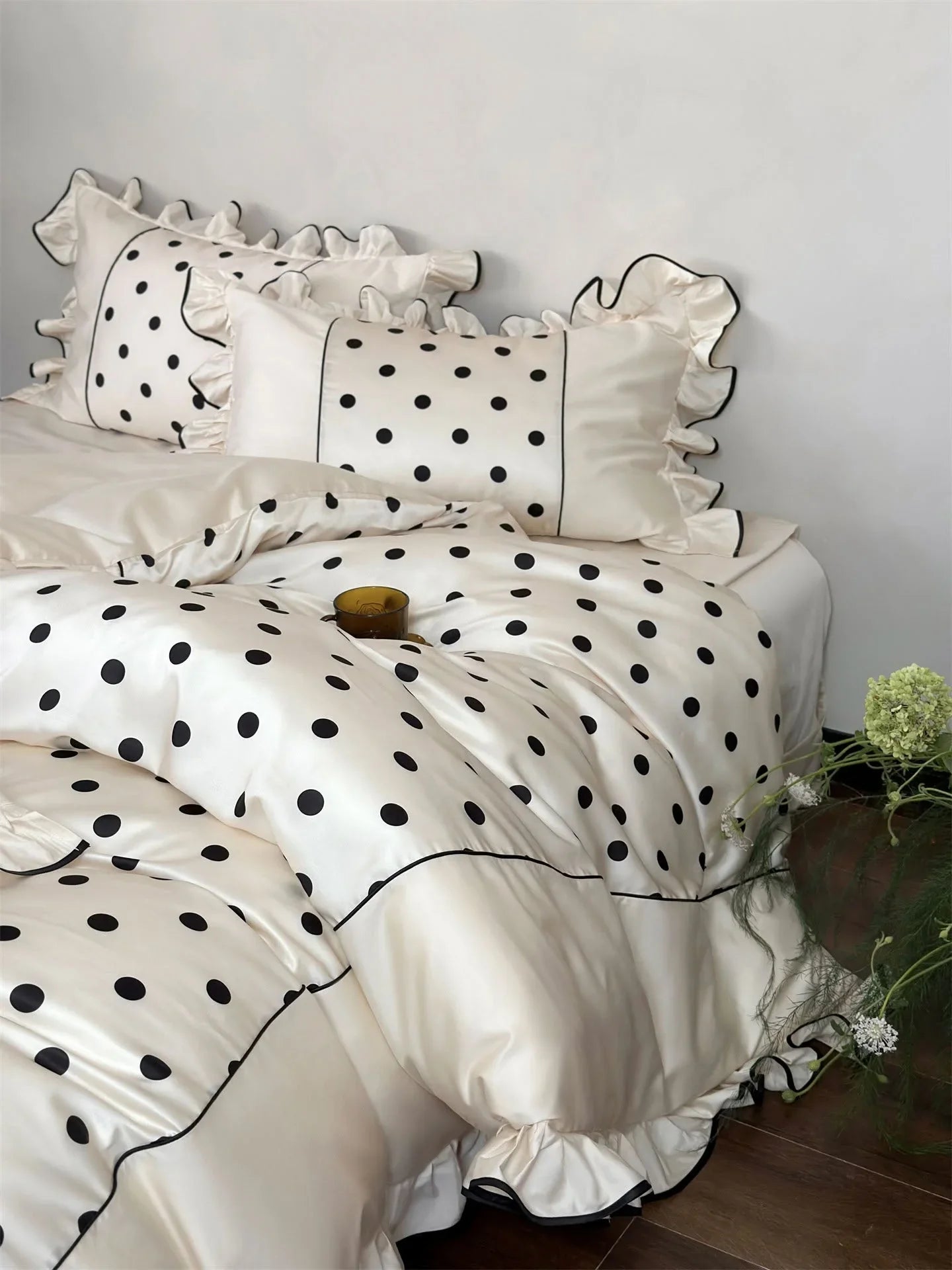 Silky Ruffled Polka Dot Tencel Bedding Set