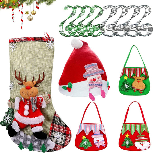 Christmas Stockings 12" Large Size, 3 Pcs Christmas Tote Gift Bags and Christmas Hat, Christmas Tree Decorations Gifts for Family Holiday Christmas Party Decoration, 40Pcs Christmas Ornament Hooks Home & Kitchen Ornament Hooks Seasonal Décor