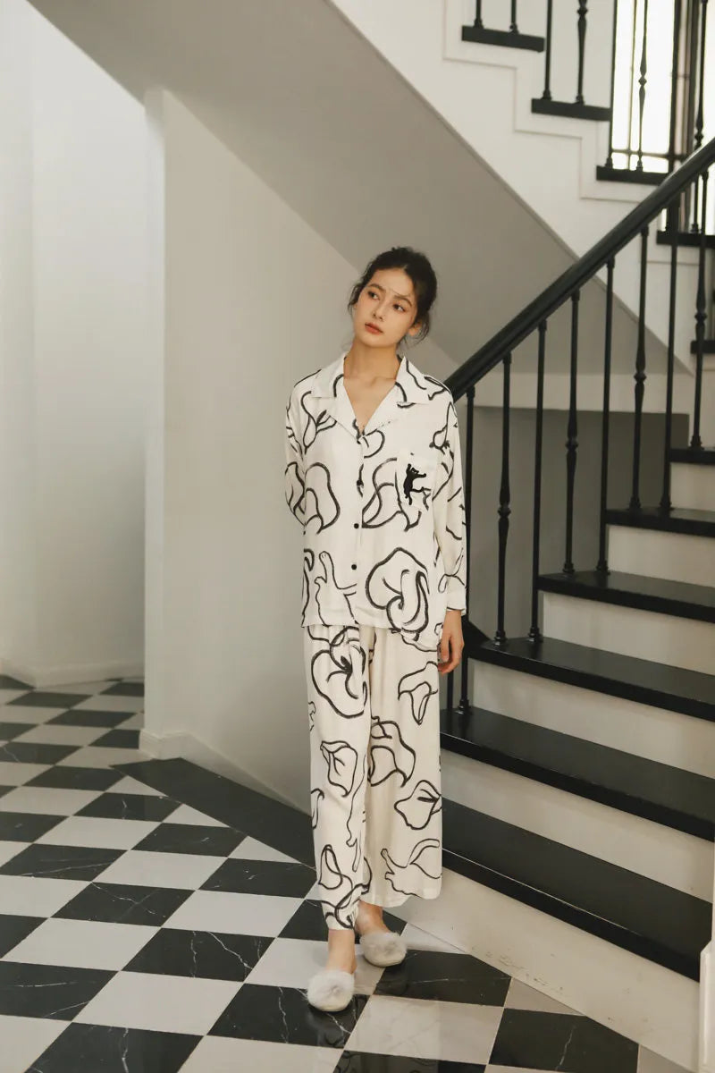 Silky Abstract Cat Sketch Cotton Sateen Pajama Set