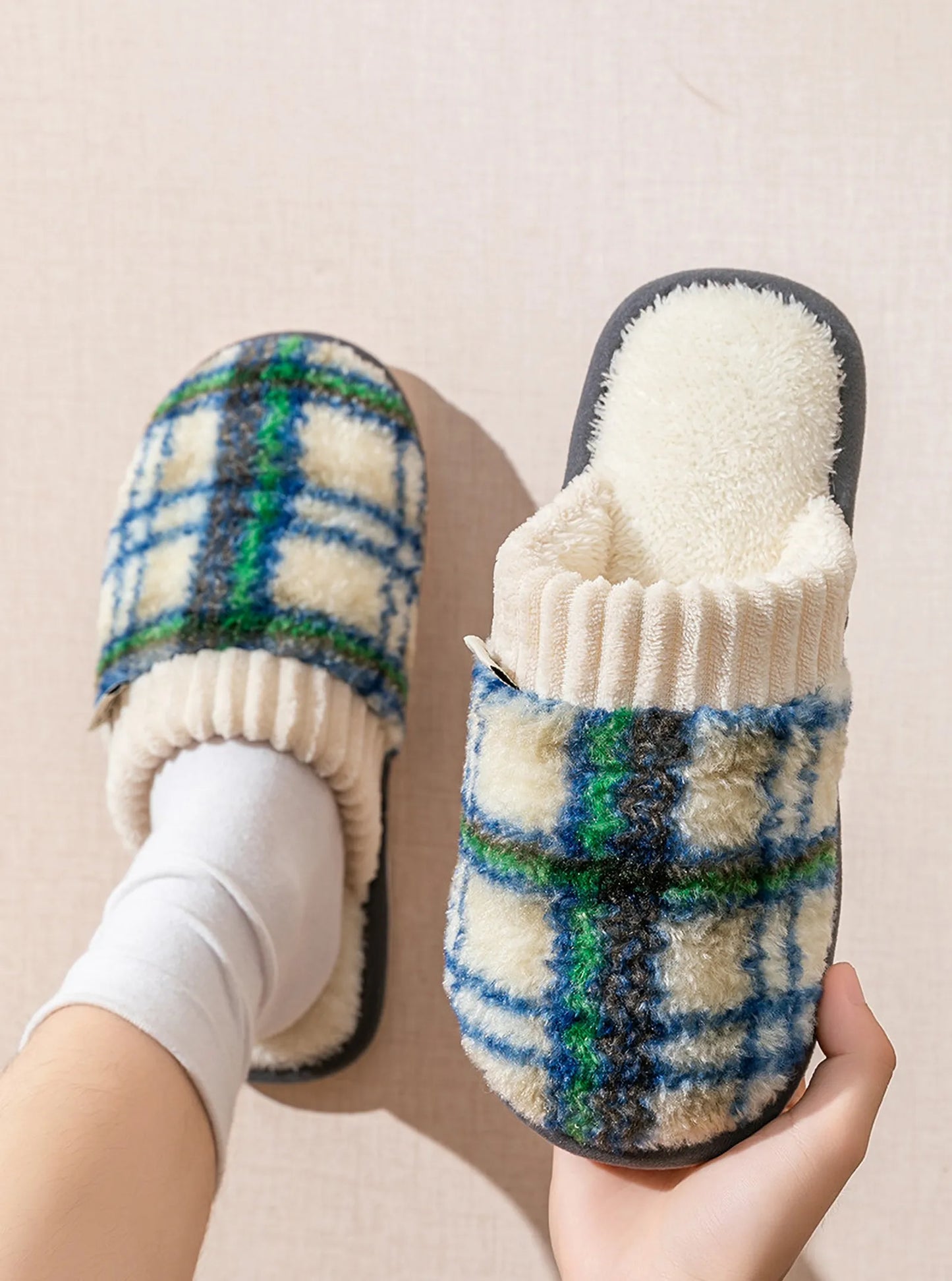 Plush Tartan Plaid Sherpa House Slippers