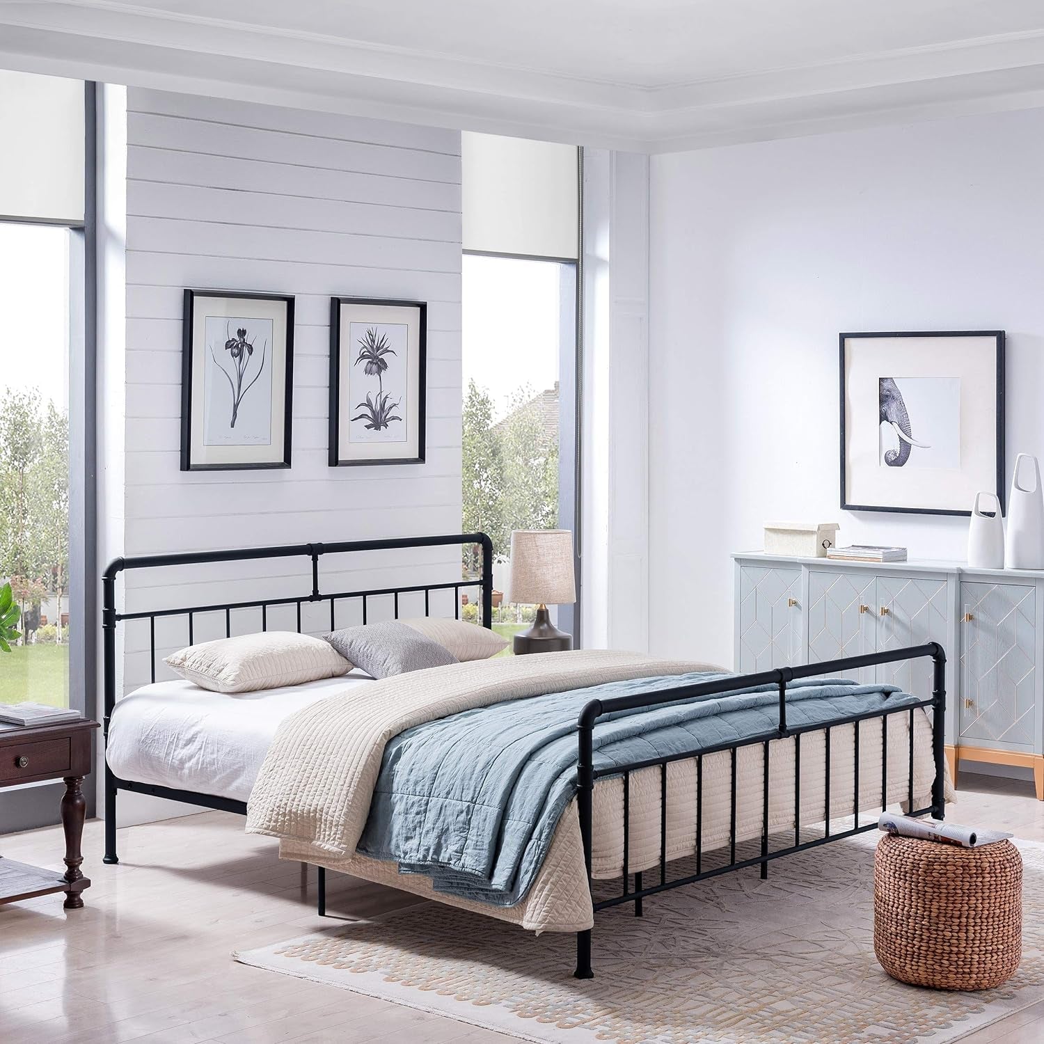 Christopher Knight Home Sally King-Size Iron Bed Frame, Minimal, Industrial, Flat Black Bedroom Furniture Beds Frames & Bases Furniture Home & Kitchen