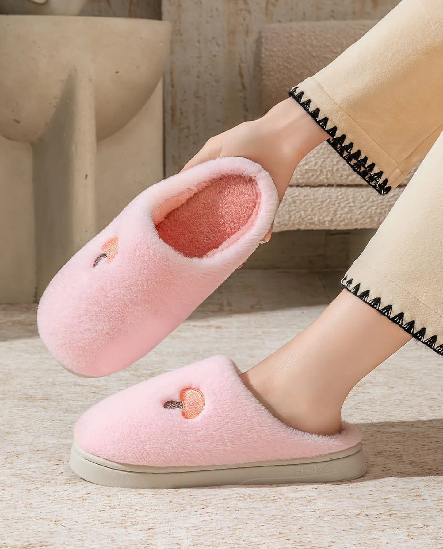 Plush Mushroom Embroidered Fleece House Slippers