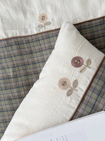 Soft Embroidered Floral Plaid Washed Cotton Bedding Set