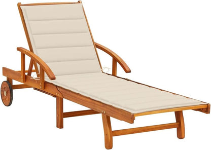 Folding Sun Lounger with Cushion | Foldable Patio Chaise Lounge with Wheels | Adjustable Outdoor Sunlounger with Footrest | Wooden Garden Lounge Chair with Pull-Out Table | Solid Acacia Wood Chairs Lawn & Garden Lounge Chairs Patio Patio Furniture & Accessories Patio Seating