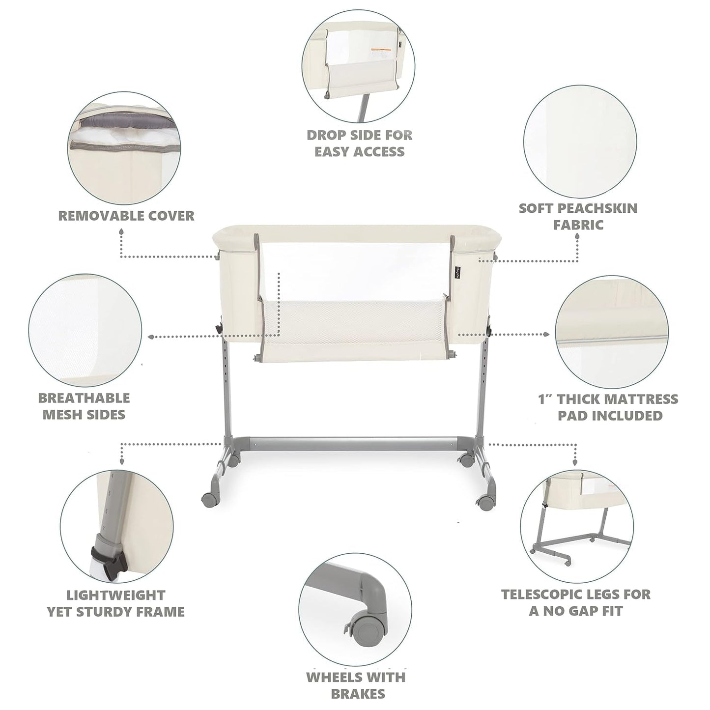 Seashell Bassinet & Bedside Sleeper in Pearl, Lightweight Easy Folding and Height Adjustable Baby Bassinet, Mattress Pad Included, JPMA Certified Baby Products Bassinets Bedside Cribs Furniture Infant & Toddler Beds Nursery