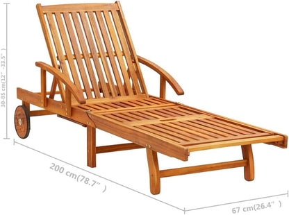 Folding Sun Lounger with Table and Cushion | Foldable Patio Chaise Lounge with Wheels | Adjustable Outdoor Sunlounger with Footrest | Wooden Garden Lounge Chair with Pull-Out Table | Solid Acacia Wood Chairs Lawn & Garden Lounge Chairs Patio Patio Furniture & Accessories Patio Seating