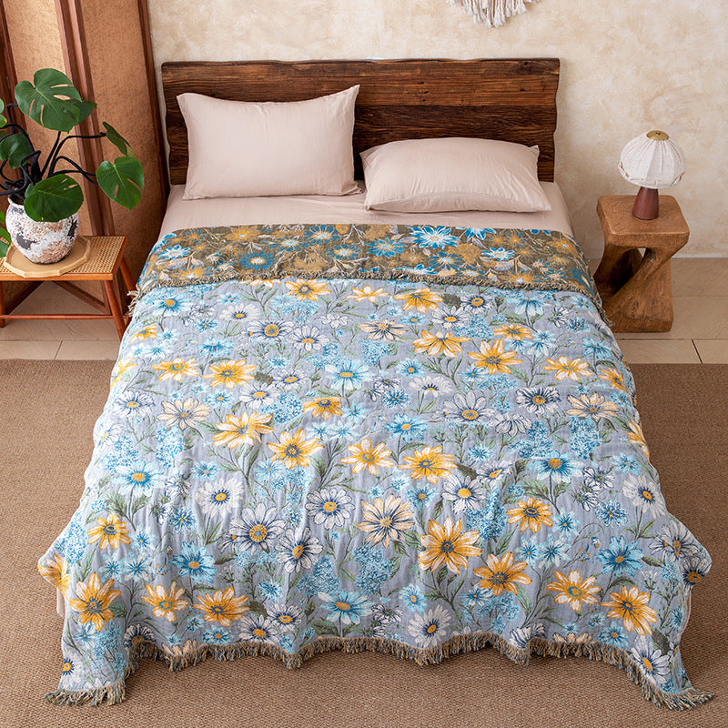 Vintage Floral Daisy Fringed Gauze Quilt
