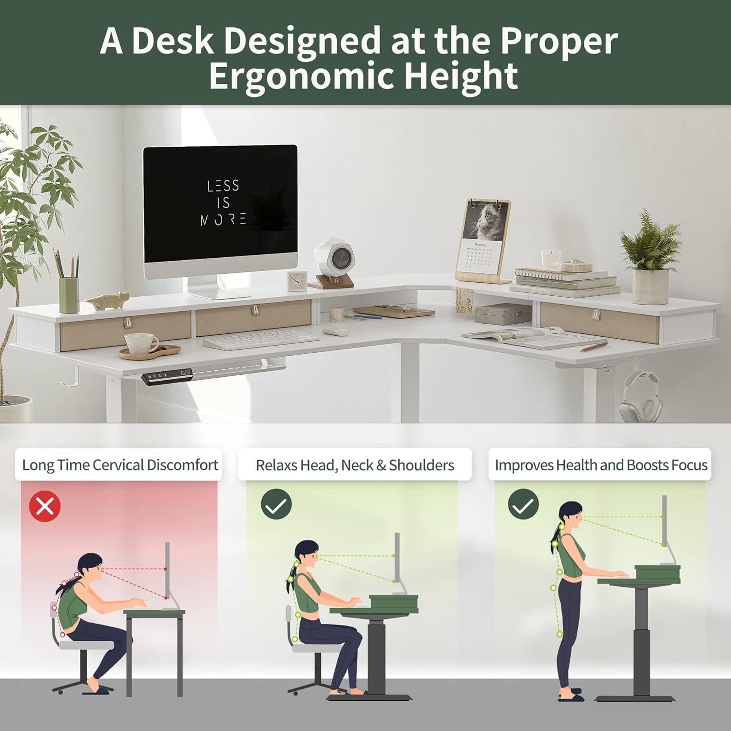 FEZIBO Triple Motor 63" L Shaped Standing Desk with 3 Drawers, Electric Standing Gaming Desk Adjustable Height, Corner Stand up Desk with Splice Board, White Frame/White Top Furniture Home & Kitchen Home Office Desks Home Office Furniture