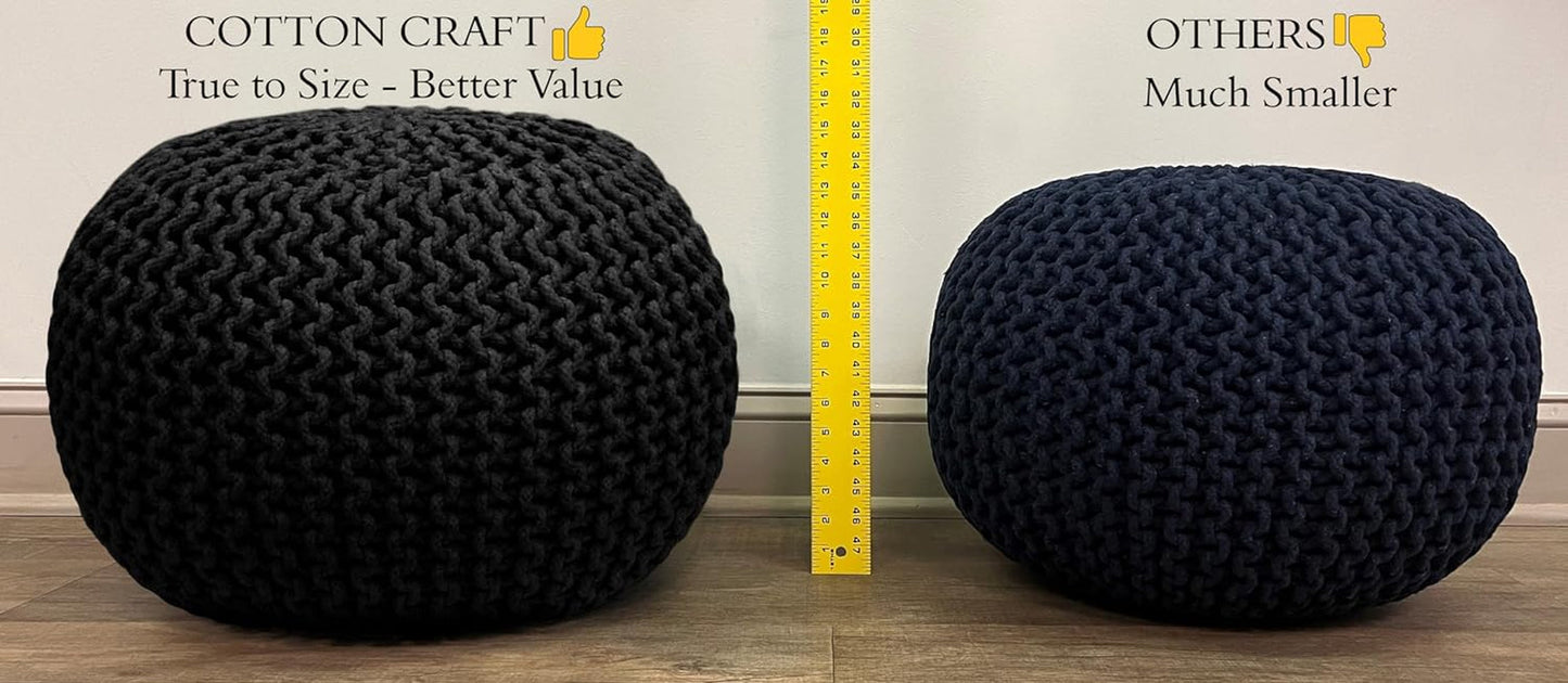 COTTON CRAFT round Pouf - Hand Knitted Tweed Cable Dori Pouf Ottoman - Cotton Braid Cord Foot Stool Floor Pouf Footrest Accent Seat Furniture Bean Bag - Family Room Kids Nursery Dorm - 20X14 - Natural Furniture Home & Kitchen Living Room Furniture Ottomans