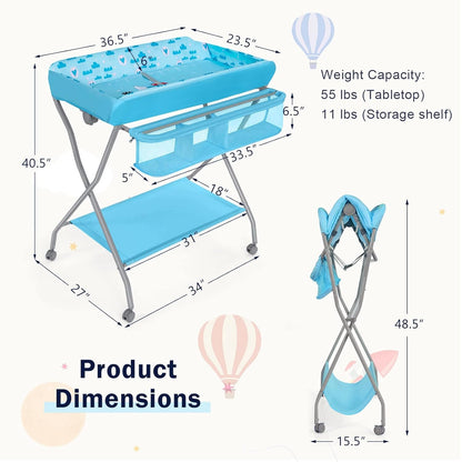 Costzon Portable Changing Table, Mobile Baby Changing Table with Wheels, Safety Belt, Large Storage Basket, Rack & Shelf, Folding Diaper Changing Station Nursery Organizer for Infant Newborn (Blue) Baby Products Changing & Dressing Changing Tables Furniture Nursery