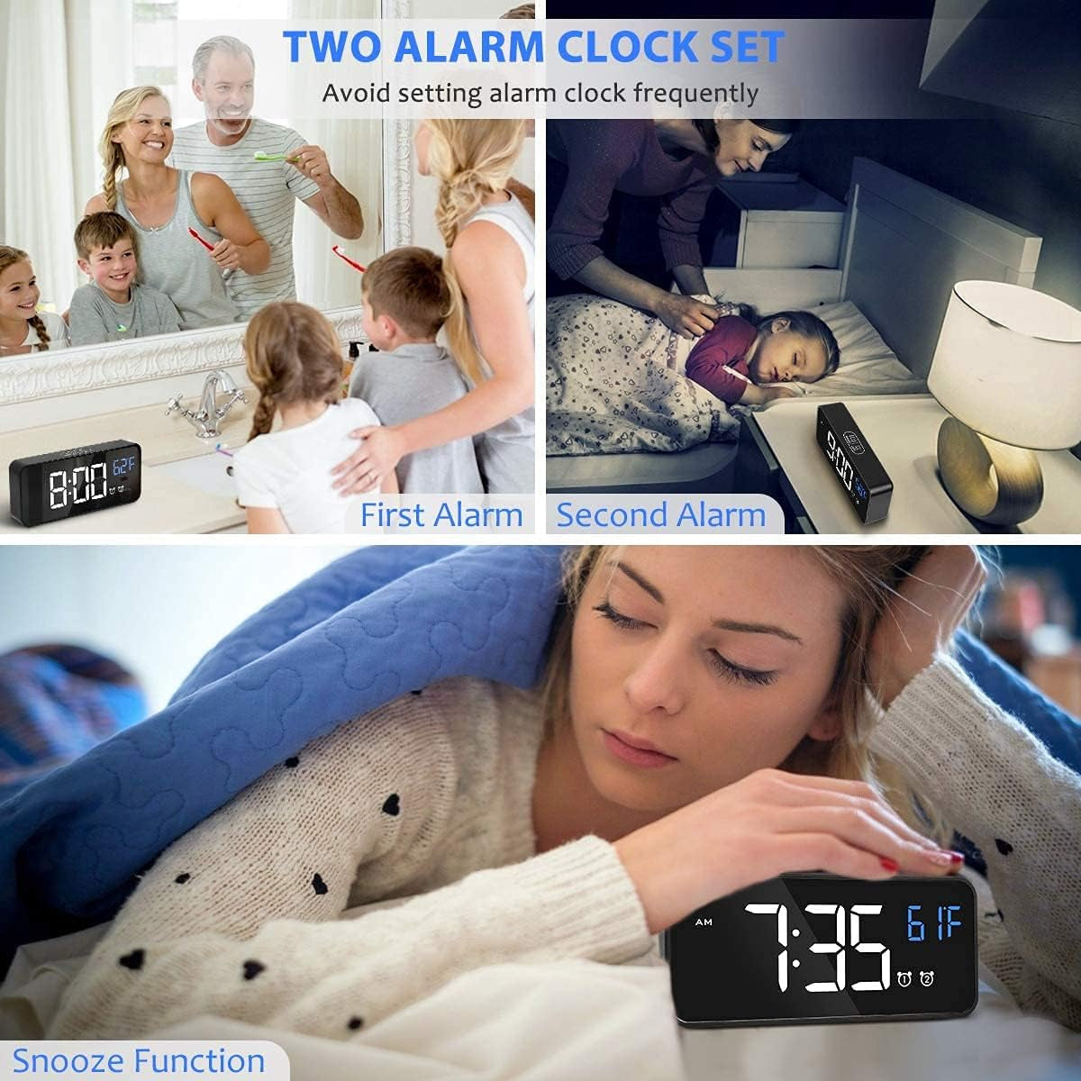 Digital Alarm Clock for Bedroom, Heavy Sleepers, LED Large Number Mirror Display with USB Charger, Loud Dual Alarm Clock with Snooze, Easy to Set, Adjustable Brightness