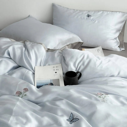 Silky Embroidered Butterfly & Rose Tencel Bedding Set