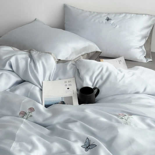 Silky Embroidered Butterfly & Rose Tencel Bedding Set