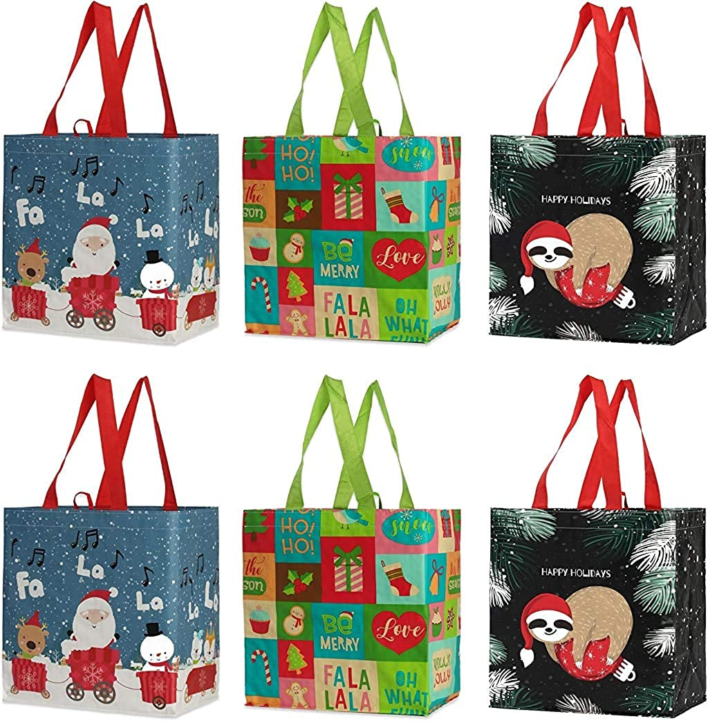 Reusable Grocery Bags Shopping Totes Heavy Duty Water Resistant Laminated Material Assorted Holiday Xmas Christmas Prints (Pack of 6) Home & Kitchen Kitchen & Dining Luggage & Bags Reusable Grocery Bags Shopping Totes Storage & Organization Travel & To-Go Food Containers