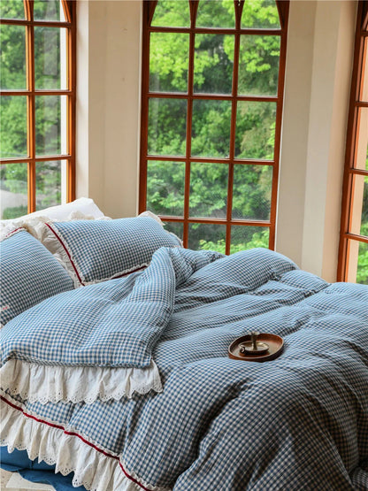 Lace Ruffle Gingham Washed Cotton Bedding Set
