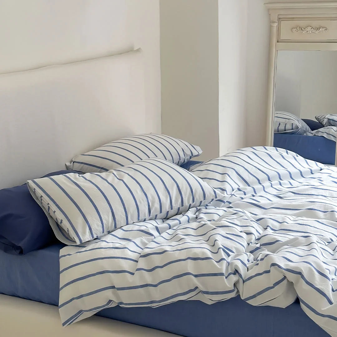 Crisp Blue & White Striped Washed Cotton Bedding Set