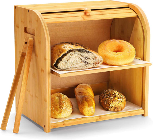 Bamboo Bread Box, Luckllsa 2 Layer Rolltop Bread Bin for Kitchen, Large Capacity Wooden Bread Storage Holder, Countertop Bread Keeper with Toaster Tong, 15” X 9.8” X 14.5”(Self-Assembly) Bread Boxes Food Storage Home & Kitchen Kitchen & Dining Storage & Organization